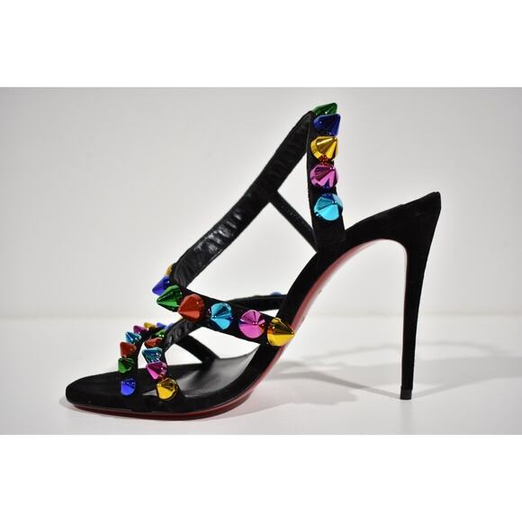 Christian Louboutin Spikita Strap 100 Black Suede Strappy Sandal Heel Pump 37.5 - Picture 7 of 10